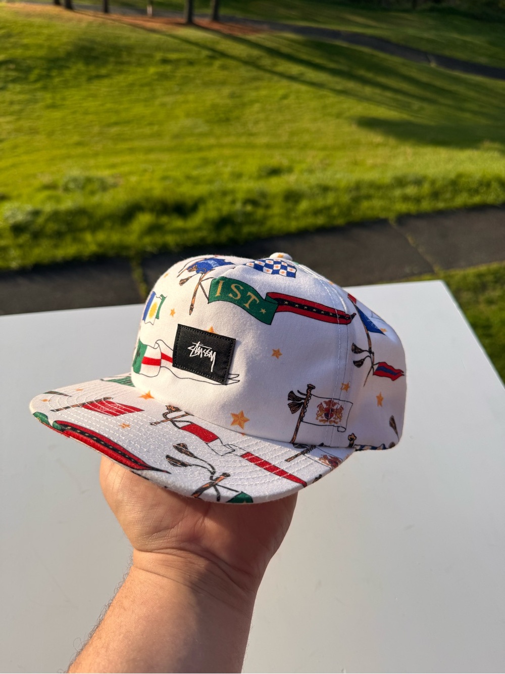 Stussy All Over Print Snapback Hat White Flags Cap